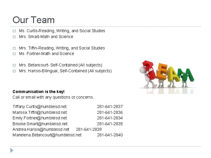Our Team � � � Ms. Curtis-Reading, Writing, and Social Studies Mrs. Smart-Math and