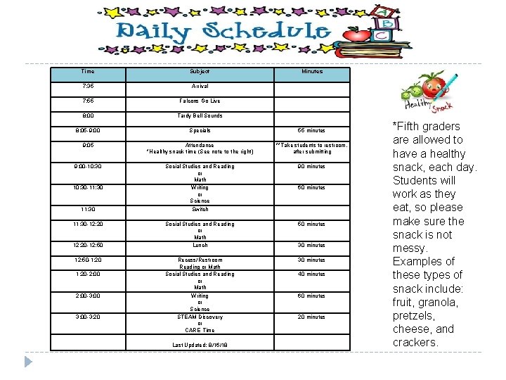 Time Subject 7: 35 Arrival 7: 55 Falcons Go Live 8: 00 Tardy Bell