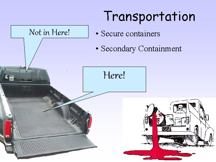 Transportation Not in Here! • Secure containers • Secondary Containment Here! 