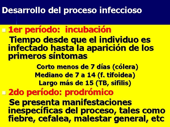 Desarrollo del proceso infeccioso n 1 er período: incubación Tiempo desde que el individuo