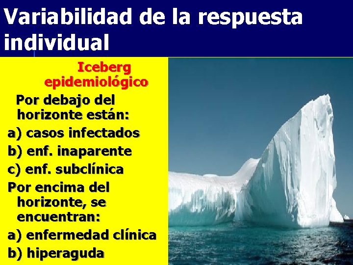 Variabilidad de la respuesta individual Iceberg epidemiológico Por debajo del horizonte están: a) casos