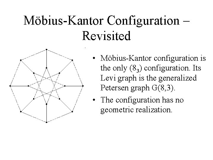 Möbius-Kantor Configuration – Revisited • Möbius-Kantor configuration is the only (83) configuration. Its Levi