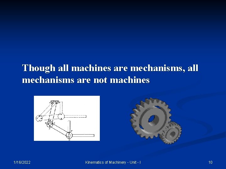 Though all machines are mechanisms, all mechanisms are not machines 1/16/2022 Kinematics of Machinery