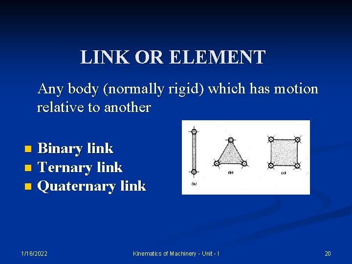 LINK OR ELEMENT Any body (normally rigid) which has motion relative to another Binary