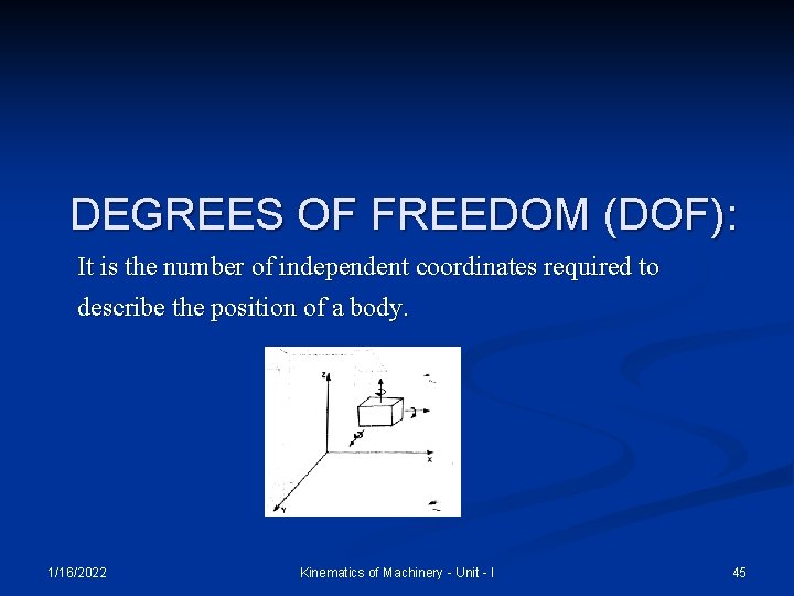 DEGREES OF FREEDOM (DOF): It is the number of independent coordinates required to describe