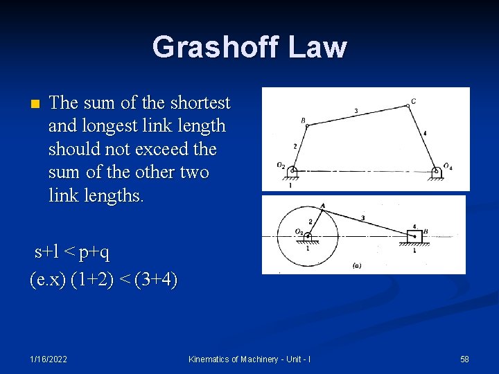 Grashoff Law n The sum of the shortest and longest link length should not