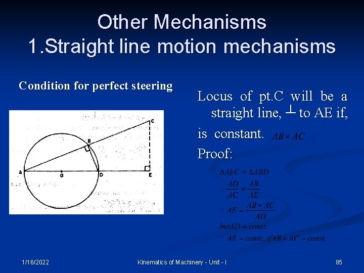 Other Mechanisms 1. Straight line motion mechanisms Condition for perfect steering 1/16/2022 Locus of