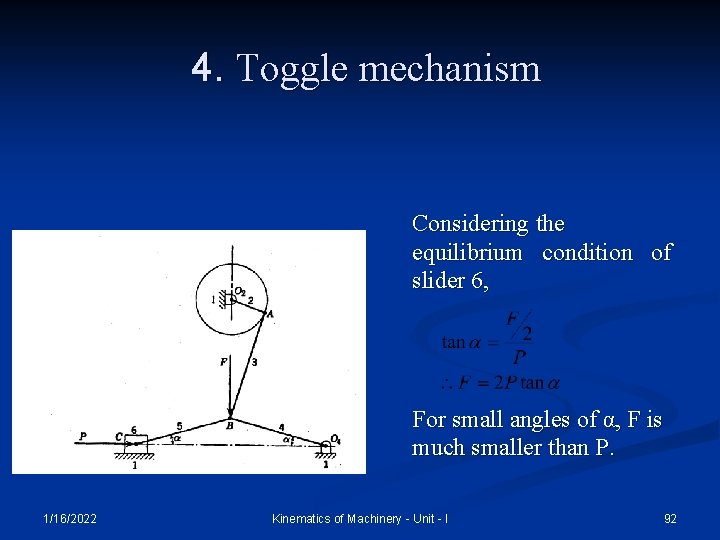 4. Toggle mechanism Considering the equilibrium condition of slider 6, For small angles of