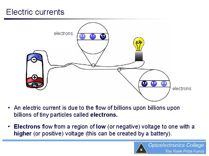 Electric currents electrons • An electric current is due to the flow of billions