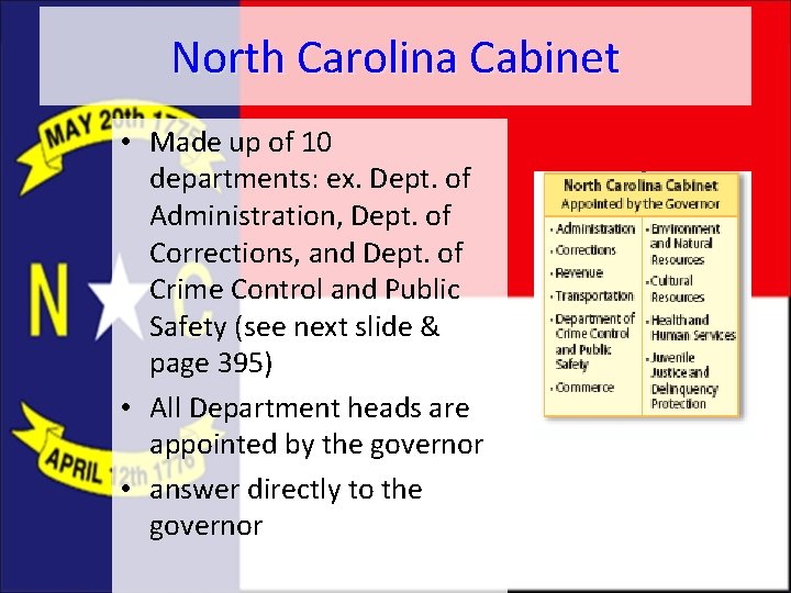 North Carolina Cabinet • Made up of 10 departments: ex. Dept. of Administration, Dept.