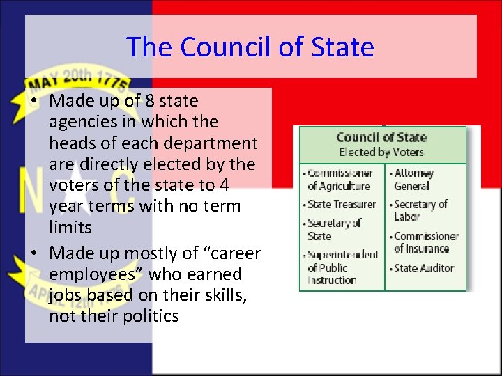 The Council of State • Made up of 8 state agencies in which the