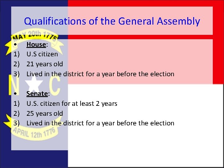 Qualifications of the General Assembly • 1) 2) 3) House: U. S citizen 21