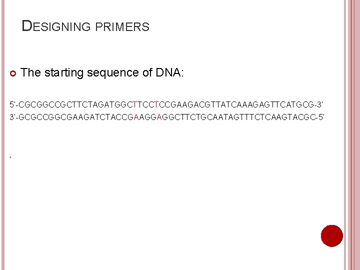 DESIGNING PRIMERS The starting sequence of DNA: 5’-CGCGGCCGCTTCTAGATGGCTTCCTCCGAAGACGTTATCAAAGAGTTCATGCG-3’ 3’-GCGCCGGCGAAGATCTACCGAAGGAGGCTTCTGCAATAGTTTCTCAAGTACGC-5’ ’ 