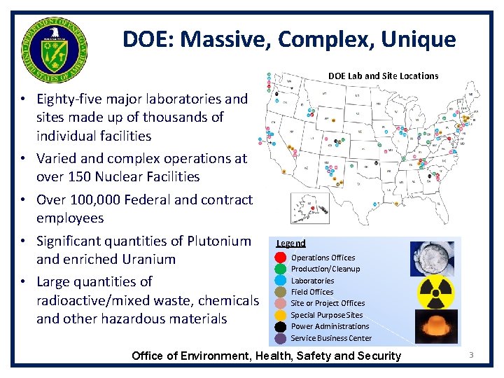 DOE: Massive, Complex, Unique DOE Lab and Site Locations • Eighty-five major laboratories and DOE: Massive, Complex, Unique DOE Lab and Site Locations • Eighty-five major laboratories and