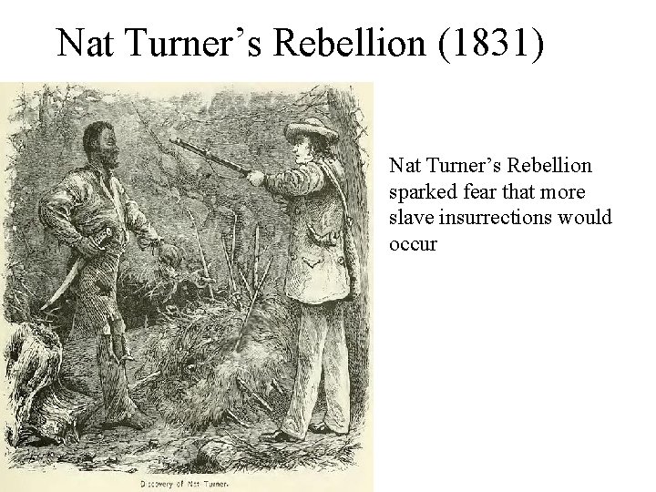 Nat Turner’s Rebellion (1831) Nat Turner’s Rebellion sparked fear that more slave insurrections would