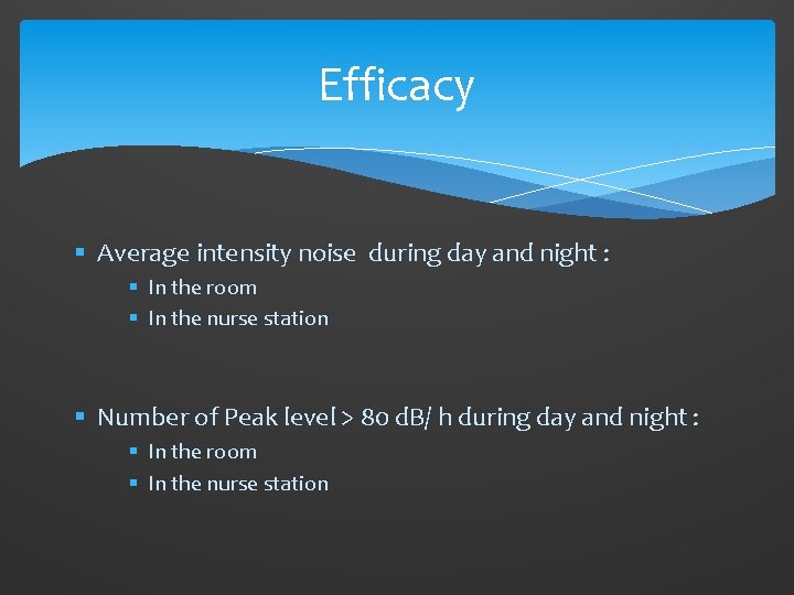 Efficacy § Average intensity noise during day and night : § In the room