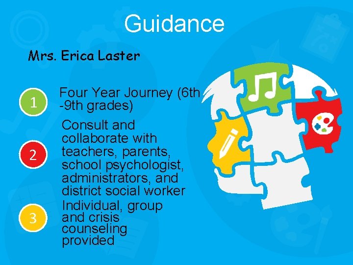 Guidance Mrs. Erica Laster 1 2 3 Four Year Journey (6 th -9 th