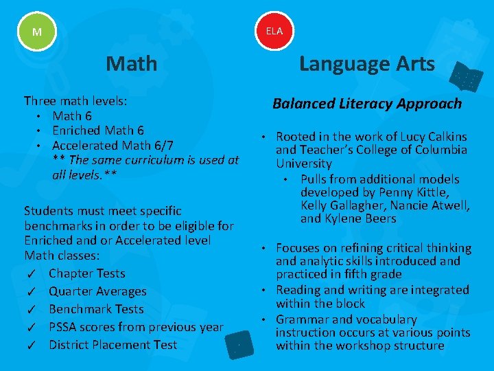 M ELA Math Language Arts Three math levels: • Math 6 • Enriched Math