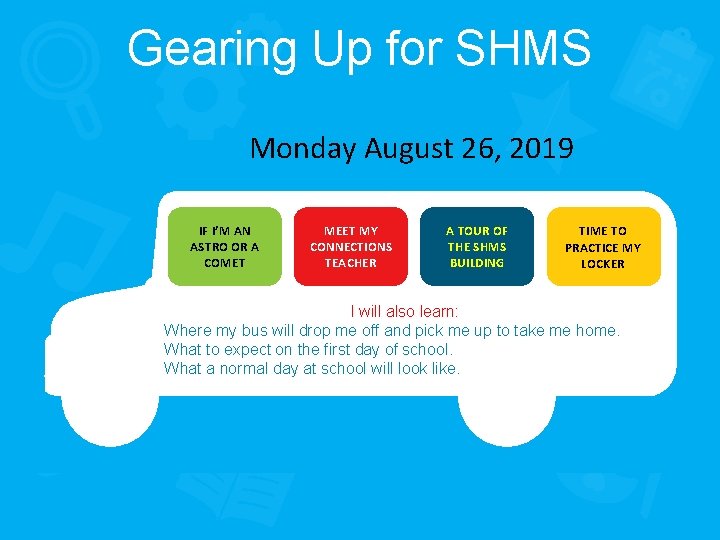 Gearing Up for SHMS Monday August 26, 2019 IF I’M AN ASTRO OR A