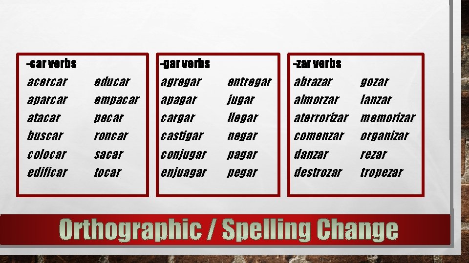 -car verbs acercar aparcar atacar buscar colocar edificar -gar verbs educar empacar pecar roncar -car verbs acercar aparcar atacar buscar colocar edificar -gar verbs educar empacar pecar roncar