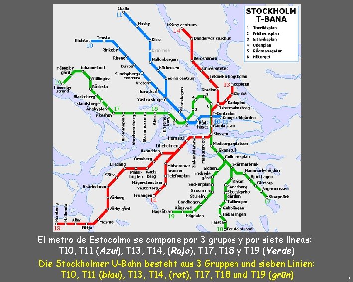 El metro de Estocolmo se compone por 3 grupos y por siete líneas: T