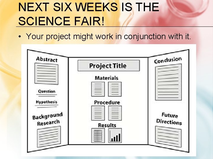NEXT SIX WEEKS IS THE SCIENCE FAIR! • Your project might work in conjunction