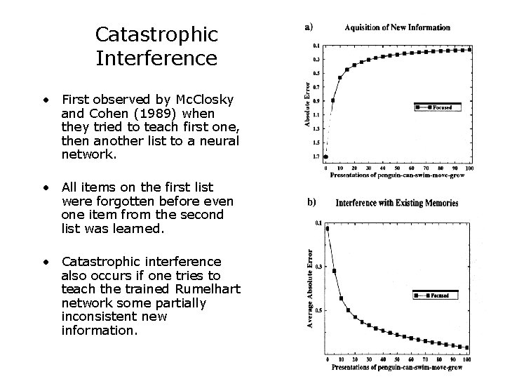 Catastrophic Interference • First observed by Mc. Closky and Cohen (1989) when they tried