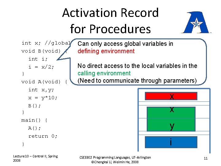 Activation Record for Procedures int x; //global void B(void) { int i; i =