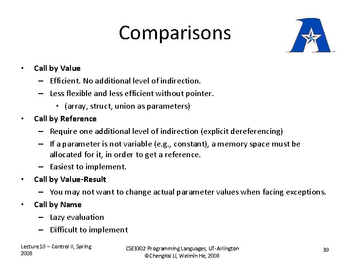 Comparisons • • Call by Value – Efficient. No additional level of indirection. –