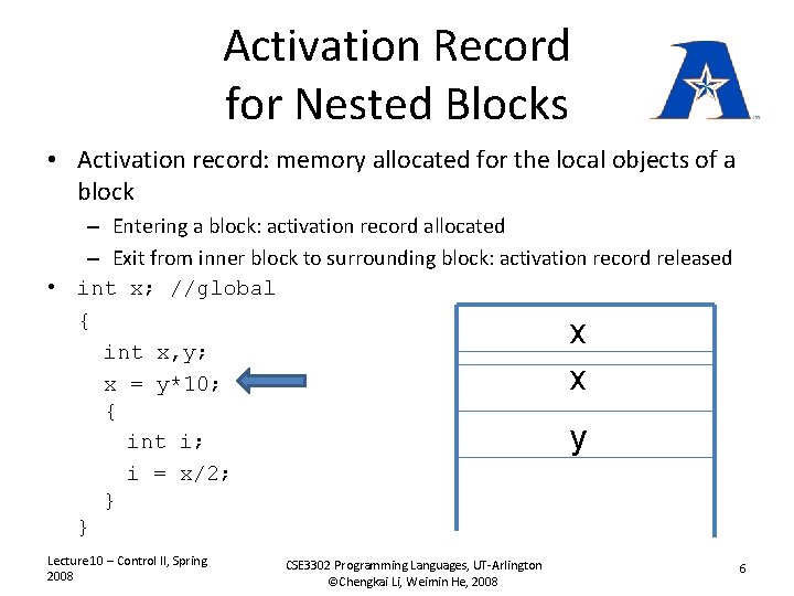 Activation Record for Nested Blocks • Activation record: memory allocated for the local objects
