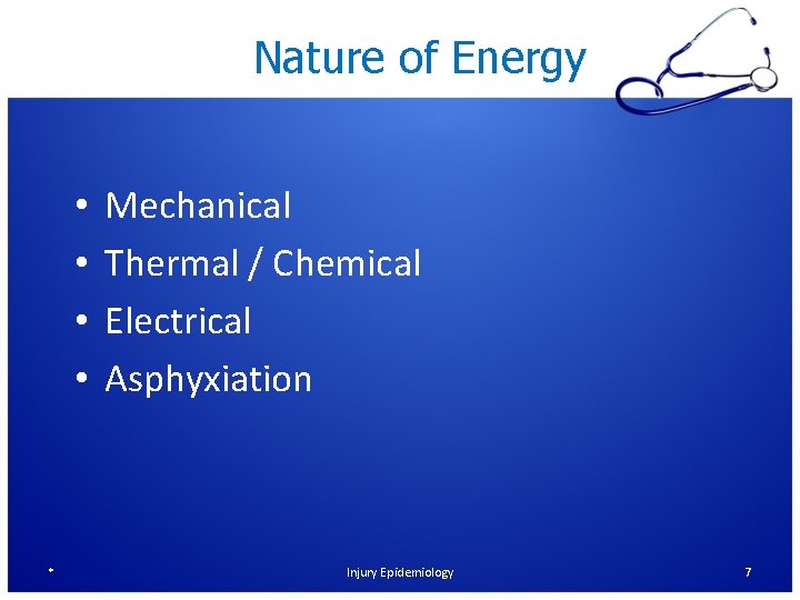 Nature of Energy • • * Mechanical Thermal / Chemical Electrical Asphyxiation Injury Epidemiology