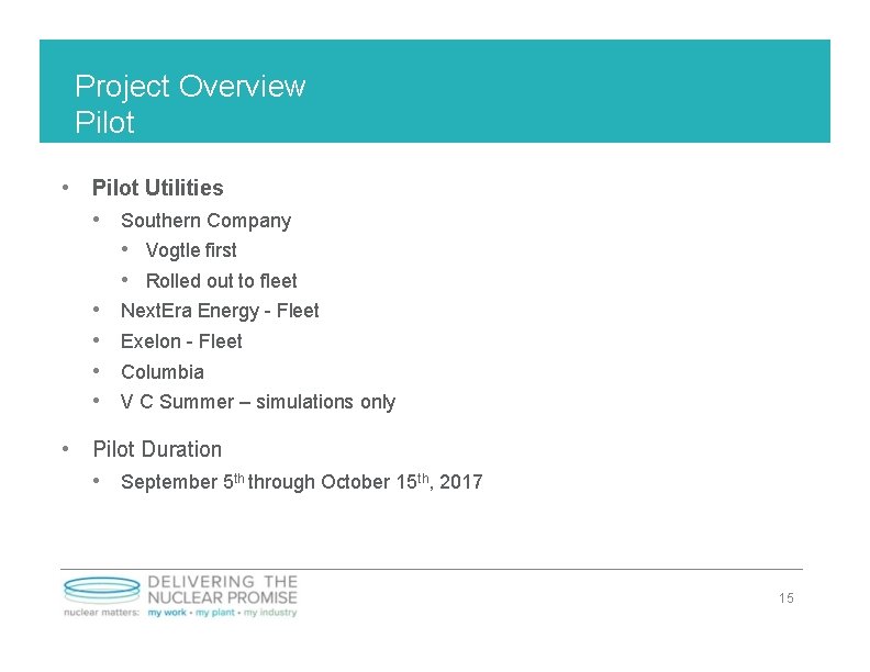 Project Overview Pilot • Pilot Utilities • Southern Company • Vogtle first • Rolled