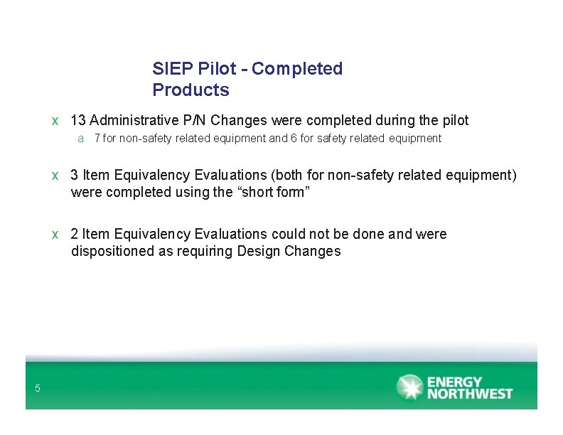 SIEP Pilot - Completed Products x 13 Administrative P/N Changes were completed during the