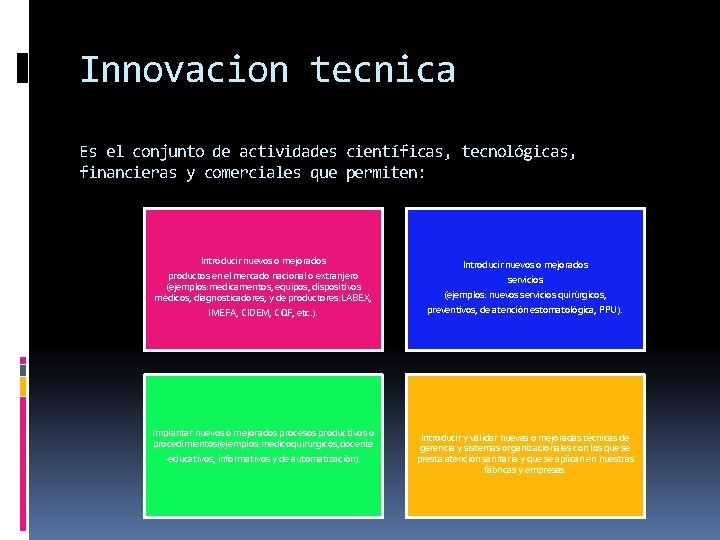 Innovacion tecnica Es el conjunto de actividades científicas, tecnológicas, financieras y comerciales que permiten: