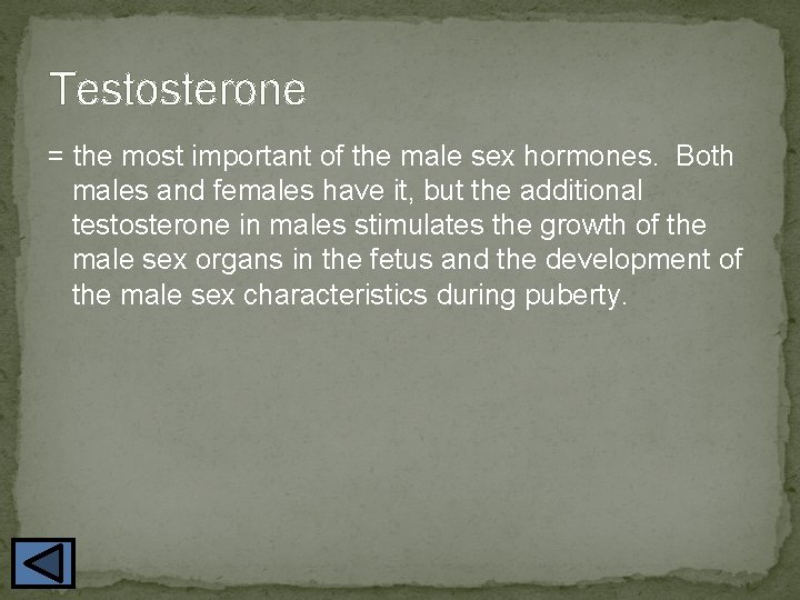 Testosterone = the most important of the male sex hormones. Both males and females