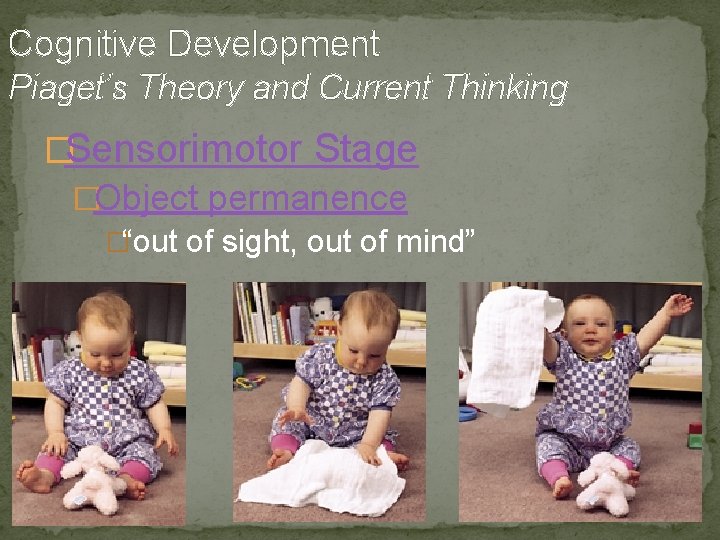 Cognitive Development Piaget’s Theory and Current Thinking �Sensorimotor Stage �Object permanence �“out of sight,