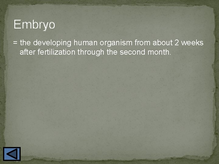 Embryo = the developing human organism from about 2 weeks after fertilization through the