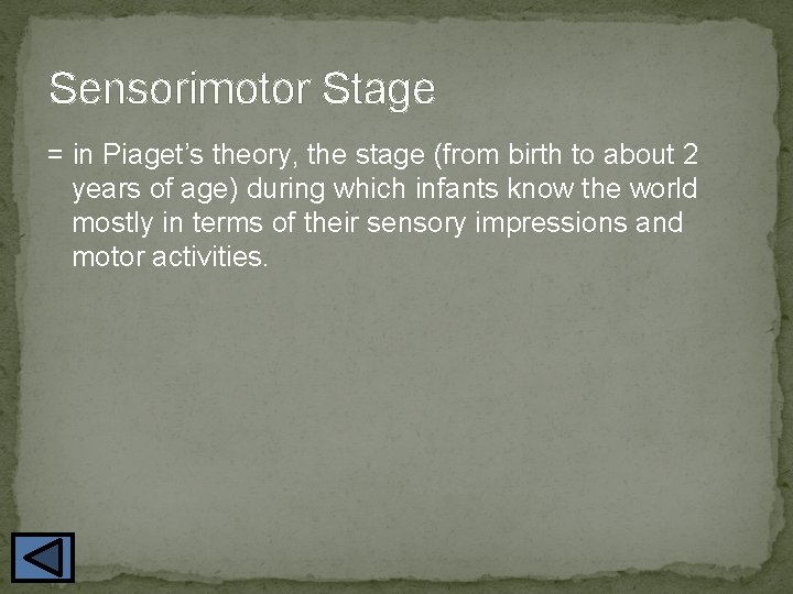 Sensorimotor Stage = in Piaget’s theory, the stage (from birth to about 2 years