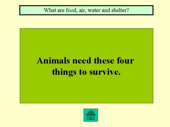 What are food, air, water and shelter? Animals need these four things to survive.