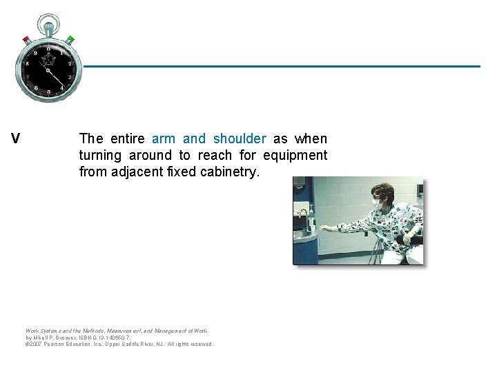 V The entire arm and shoulder as when turning around to reach for equipment