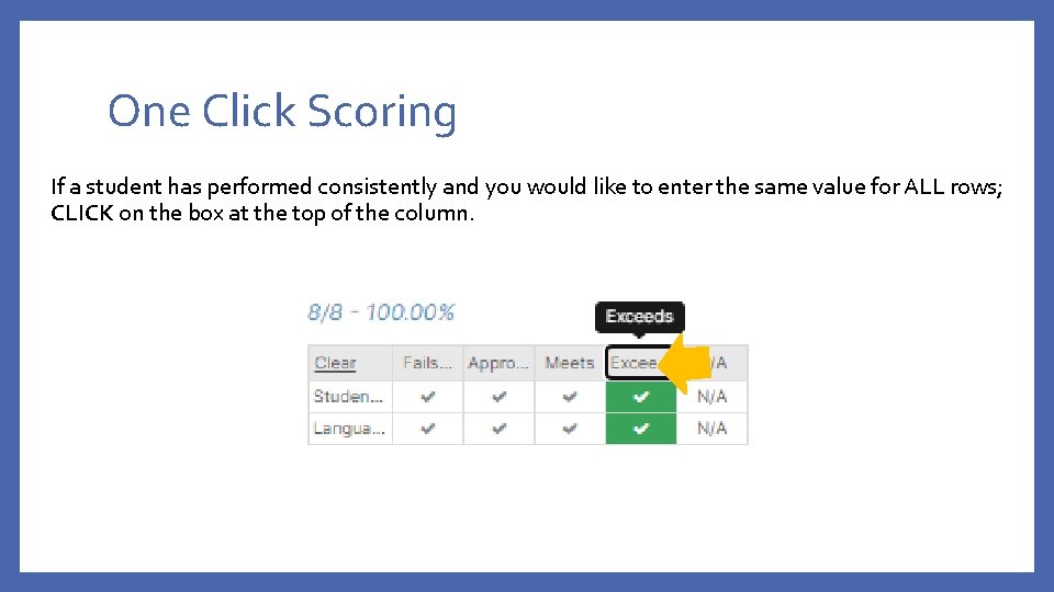 One Click Scoring If a student has performed consistently and you would like to