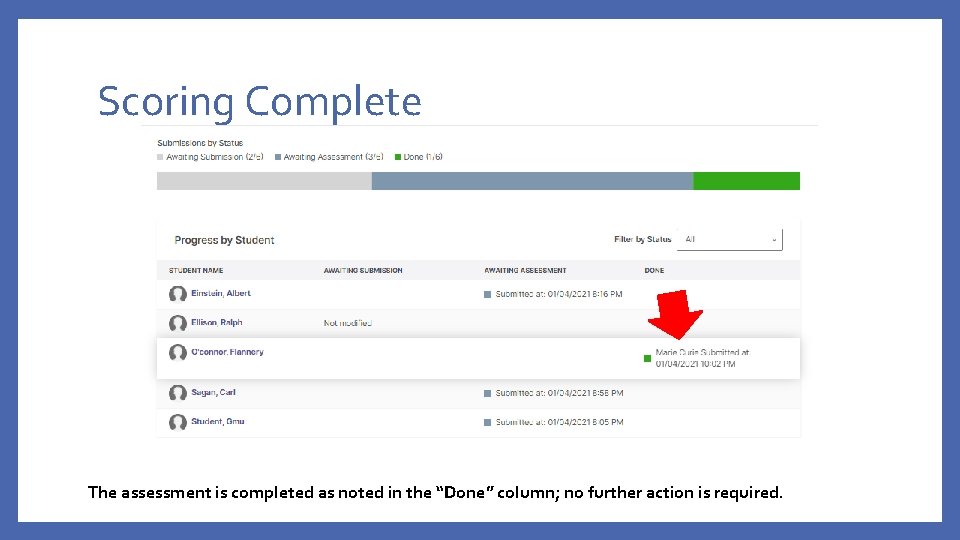 Scoring Complete The assessment is completed as noted in the “Done” column; no further