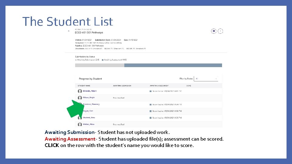 The Student List Awaiting Submission- Student has not uploaded work. Awaiting Assessment- Student has