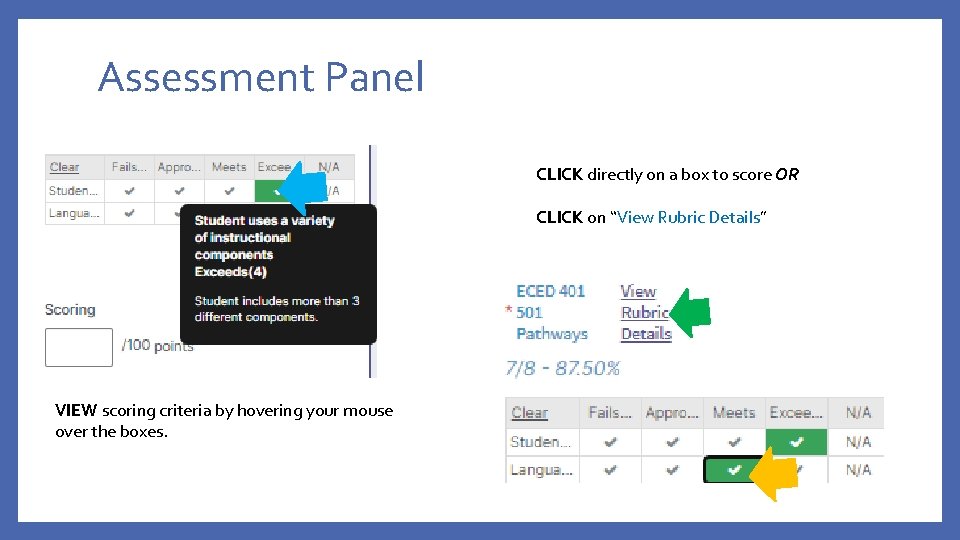 Assessment Panel CLICK directly on a box to score OR CLICK on “View Rubric