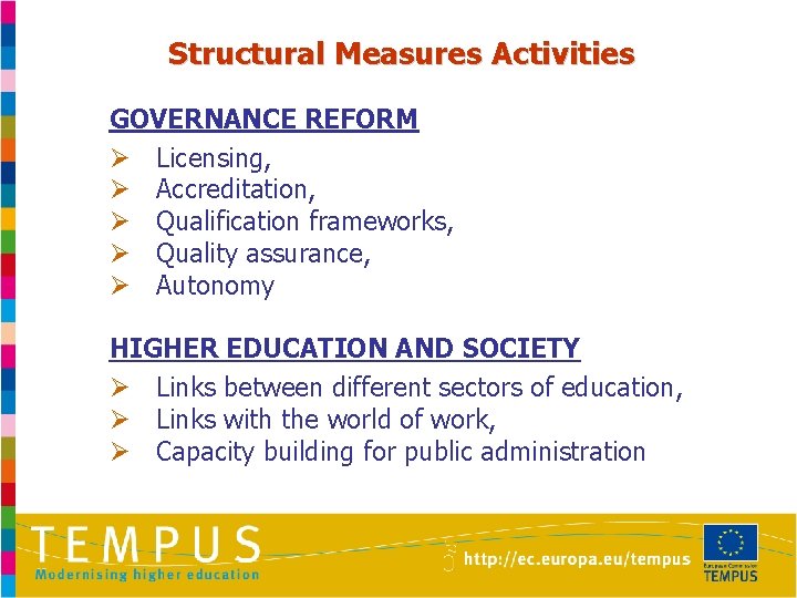 Structural Measures Activities GOVERNANCE REFORM Ø Licensing, Ø Accreditation, Ø Qualification frameworks, Ø Quality