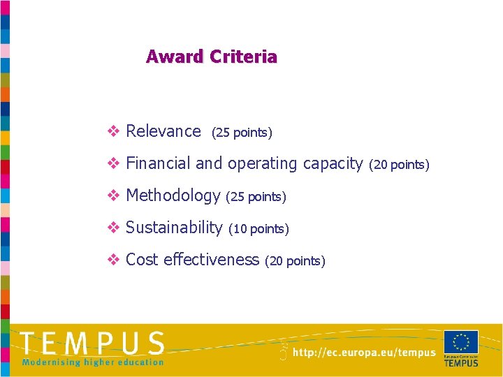 Award Criteria v Relevance (25 points) v Financial and operating capacity v Methodology (25