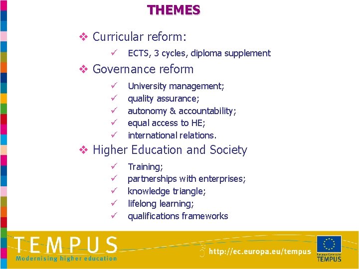 THEMES v Curricular reform: ü ECTS, 3 cycles, diploma supplement v Governance reform ü