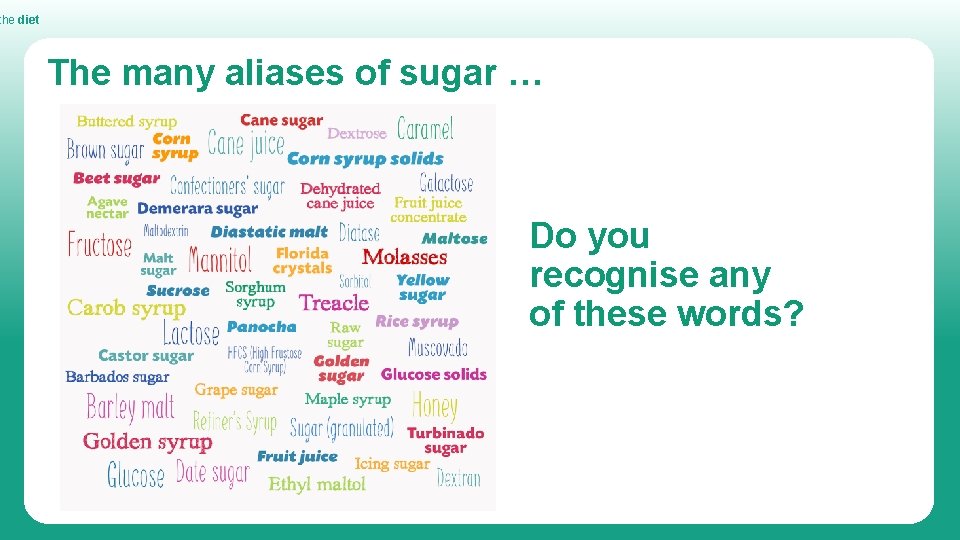 the diet The many aliases of sugar … Do you recognise any of these