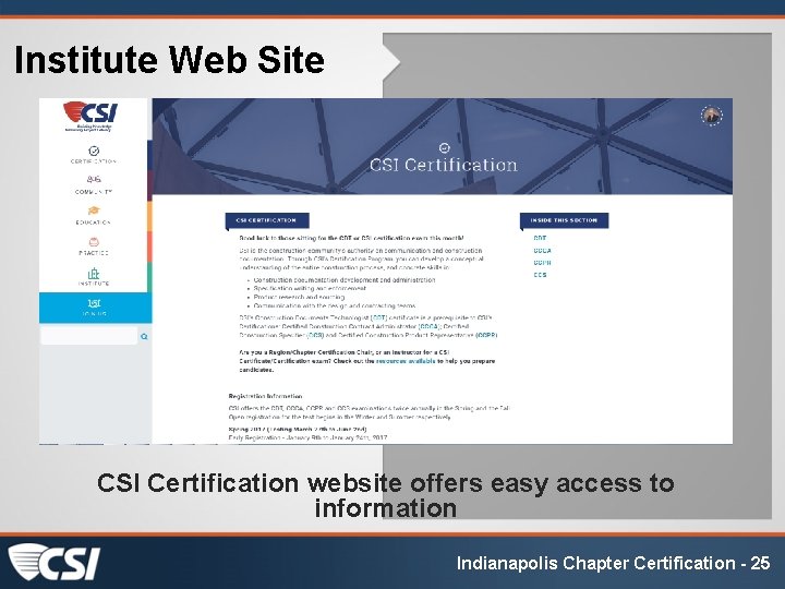 Institute Web Site CSI Certification website offers easy access to information Indianapolis Chapter Certification