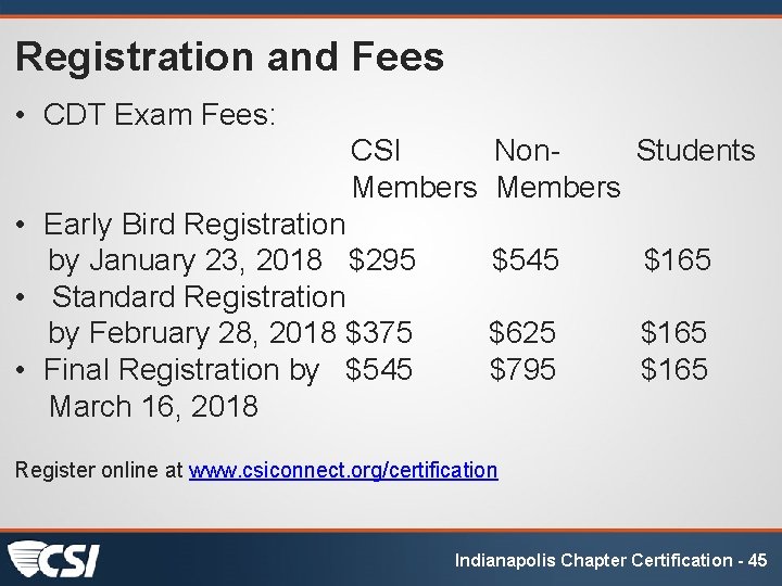 Registration and Fees • CDT Exam Fees: CSI Non. Students Members • Early Bird